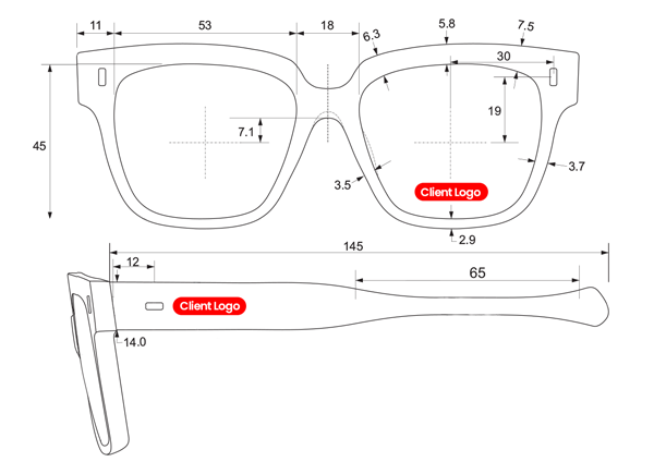 Technical drawing of sunglasses with dimensions and 'Client Logo' labels.